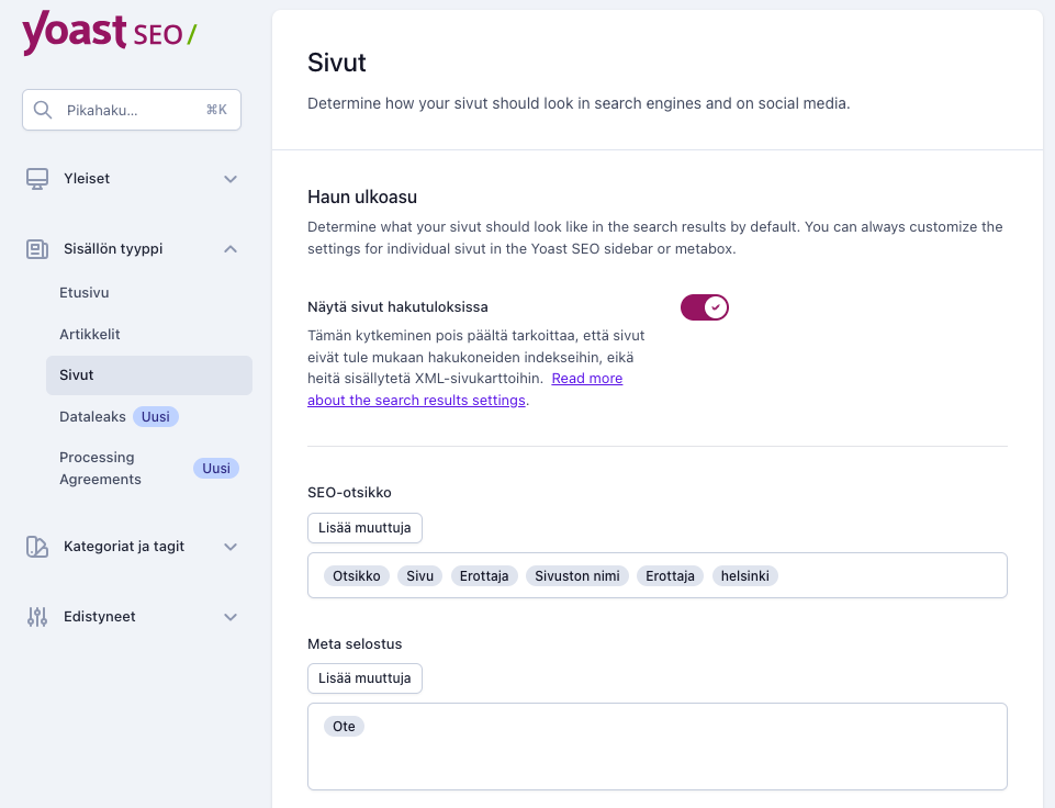 Kuvakaappaus sivujen yleisistä SEO-asetuksista